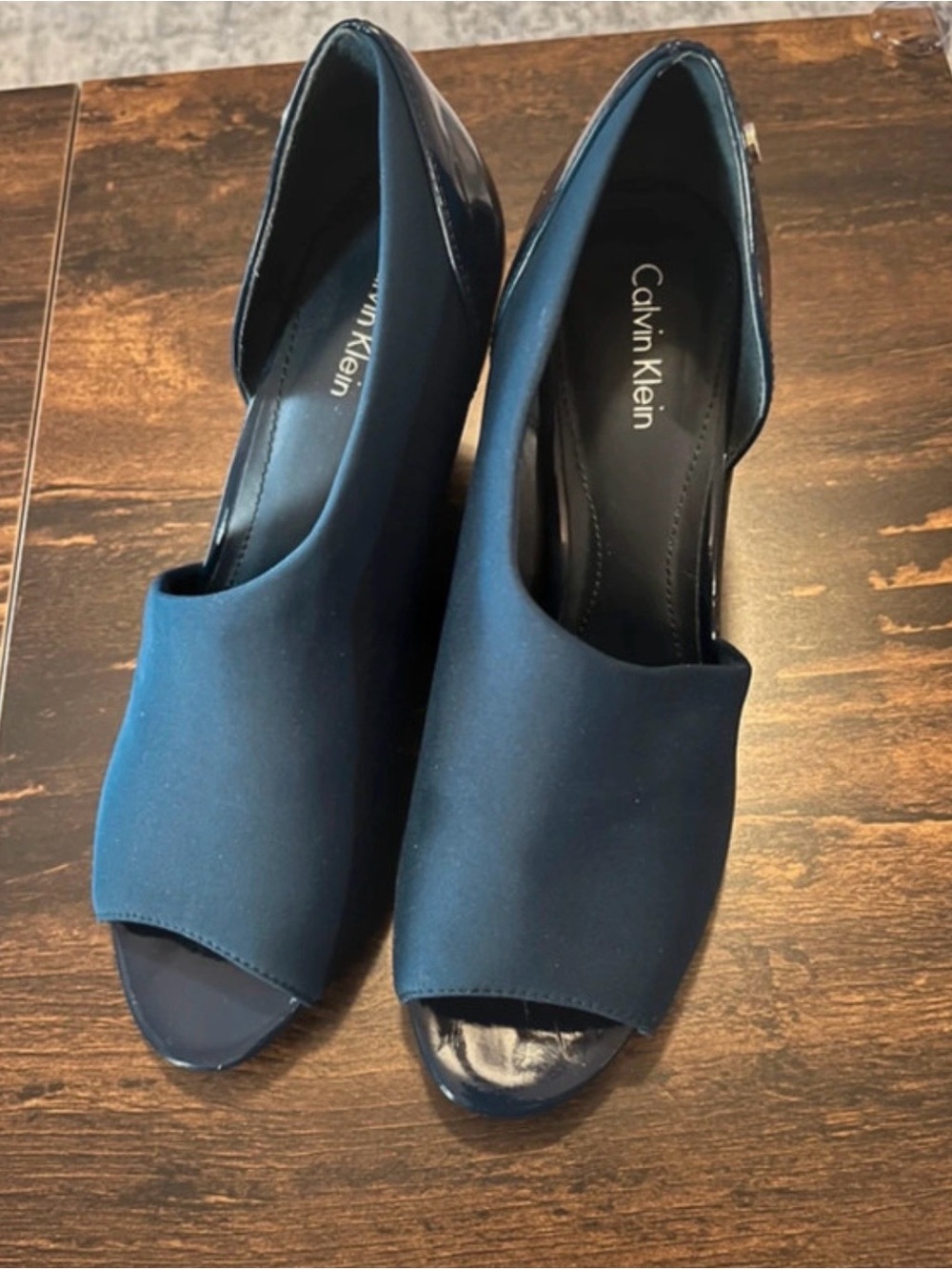Calvin Klein Navy Open-Toe Wedge Pumps